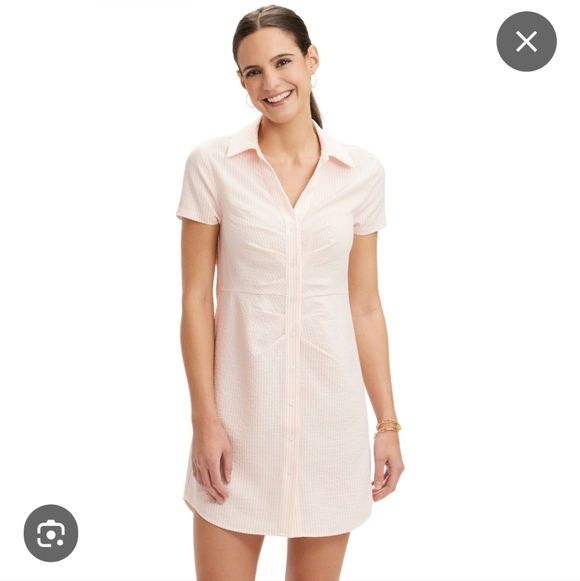 NWT RENWICK Short Sleeve Button Front Seersucker Polo Dress  Pink & White M - Picture 2 of 16